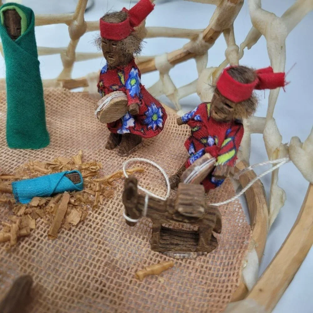 Mexican Nativity Handmade Fabric Wood Rawhide Sinew Donkey‎ Vintage
